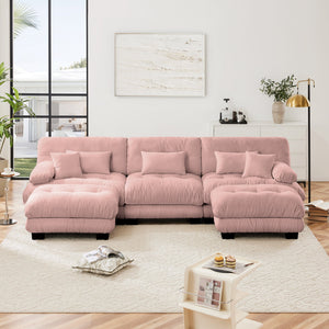English Elm Luxury U-Shaped Modular Sectional Sofa - Oversized Deep Seat Chenille Couch With 2 Ottomans In Pink W714S01012
