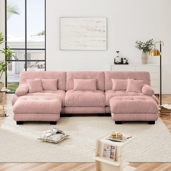 English Elm Luxury U-Shaped Modular Sectional Sofa - Oversized Deep Seat Chenille Couch With 2 Ottomans In Pink W714S01012