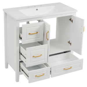 English Elm Christopher Knight Home® - 36" Freestanding Bathroom Vanity with Resin Sink, Soft-Close Doors & Drawers, Gold Alloy Handles, Spacious Storage and Easy Plumbing Access White N759P292552K