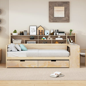 English Elm Wooden Twin Size Daybed With Storage Shelves, Multi-Functional Bed With Two Storage Drawers and Study Desk, Natural