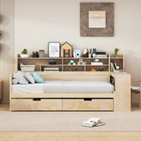 Twin Size Daybed with Storage Shelves, 2 Drawers, Study Desk - Natural Wood