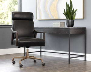 Sunpan Collin Office Chair - Stylish Bovine Leather with Elegant Iron Frame for Modern Workspace Comfort Brushed Gold, Brown, Cortina Black Leather