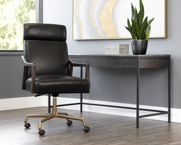 Sunpan Collin Office Chair - Stylish Bovine Leather with Elegant Iron Frame for Modern Workspace Comfort Brushed Gold, Brown, Cortina Black Leather