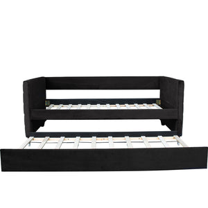 English Elm MODERN Twin Daybed with Trundle in Black Velvet Upholstery, Gold Accents, Space-Saving Guest Bed W1867S00012