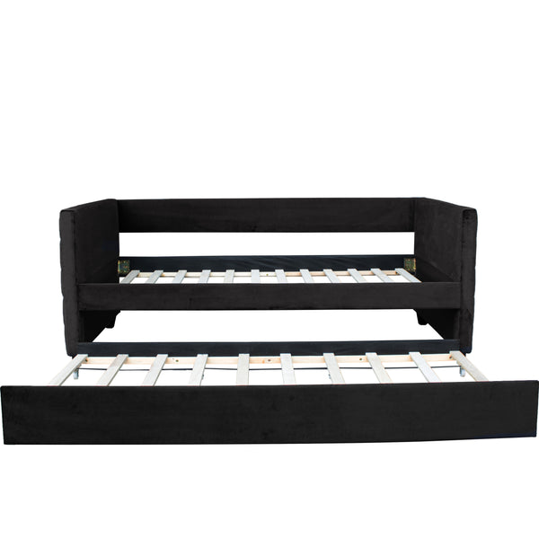 English Elm MODERN Twin Daybed with Trundle in Black Velvet Upholstery, Gold Accents, Space-Saving Guest Bed W1867S00012