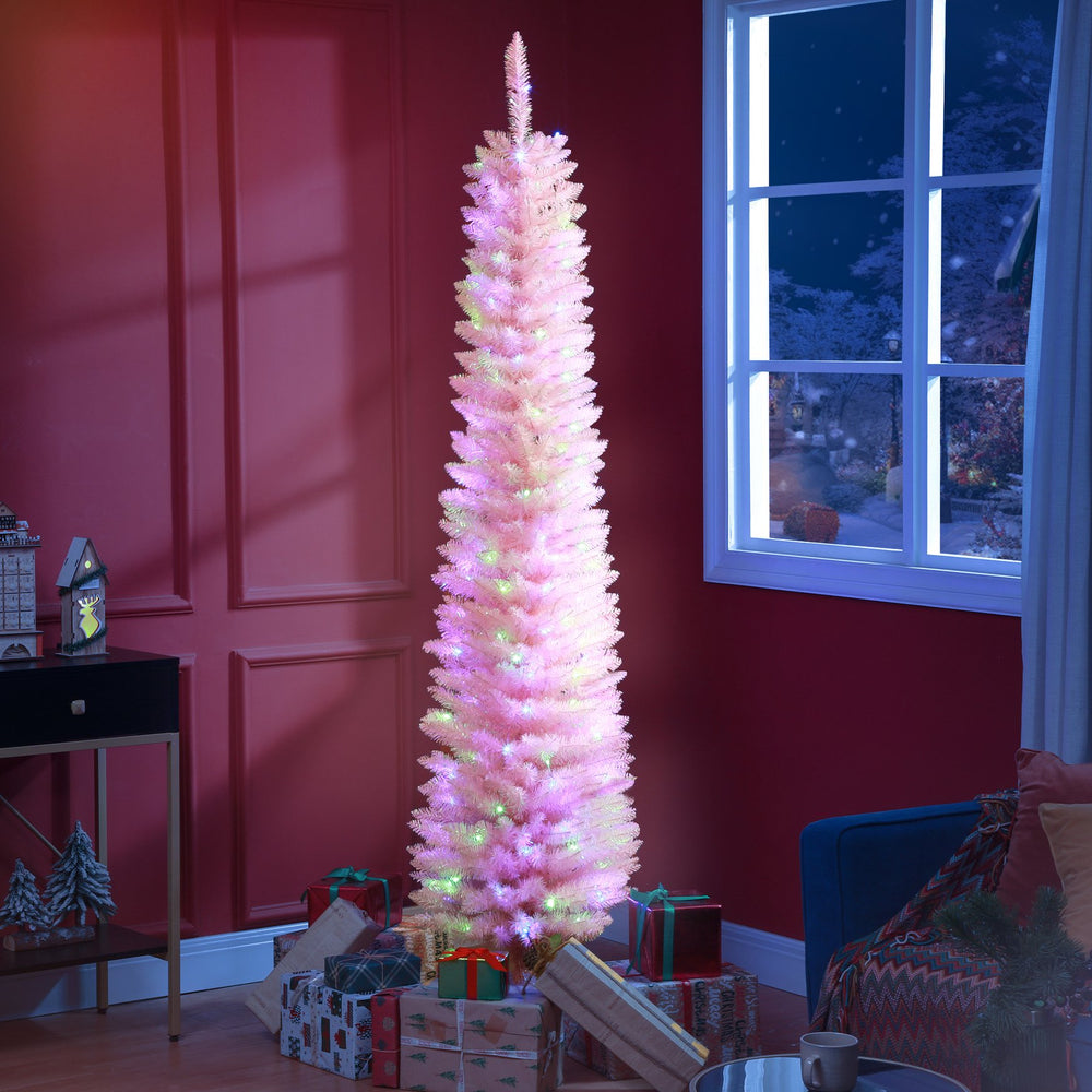 English Elm Homcom 6Ft Pink Prelit Pencil Christmas Tree With 200 Colorful Led Lights For Stylish Holiday Decor W2225P249679