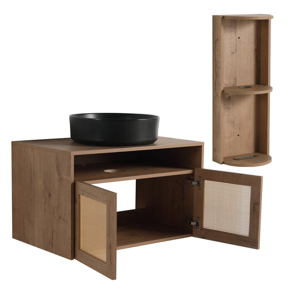 English Elm 30" Floating Bathroom Vanity Oak Finish Ceramic Vessel Sink Soft Close Plywood Cabinet W999S00502
