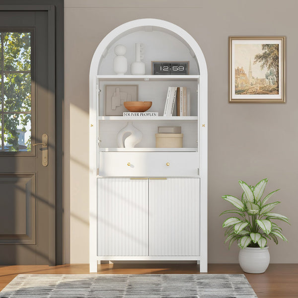 English Elm 71" Fluted Tall Arched Pantry Cabinet with Tempered Glass Door, Adjustable Shelves, Silent Drawer, Anti-Tip Safety and Stylish Metal Handles for Kitchen Living Dining White W2917P384723