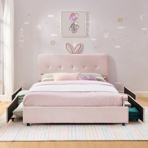 English Elm Full Size Kids Storage Bed Boucle Upholstered Rabbit Ear Headboard with Led Lighting Pink W1413P384923