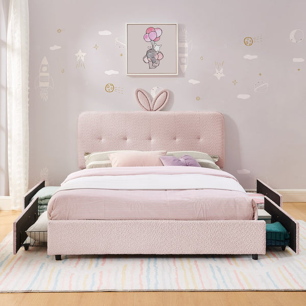 English Elm Full Size Kids Storage Bed Boucle Upholstered Rabbit Ear Headboard with Led Lighting Pink W1413P384923