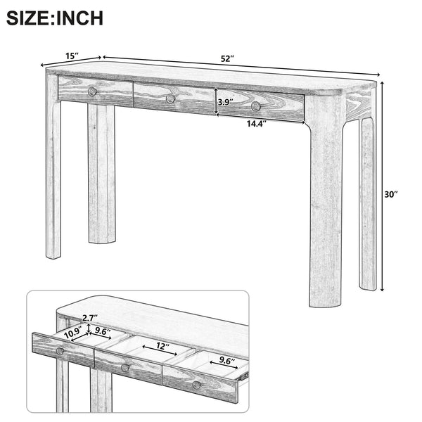 English Elm Trexm Rustic Oak Entryway Console Table with Three Drawers and Rounded Rubberwood Legs N715P361525D