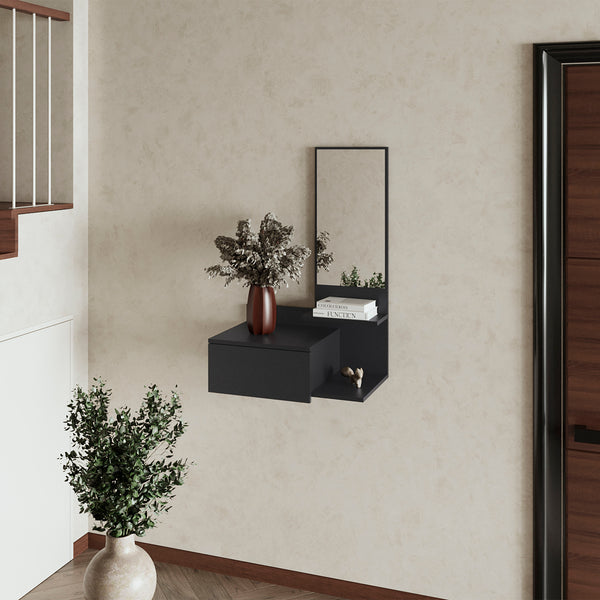 English Elm Elgin modern floating vanity with drawer and mirror, wall-mounted storage solution for small spaces Black 31.5 L x 18.1 W x 5.9 H B128P237188