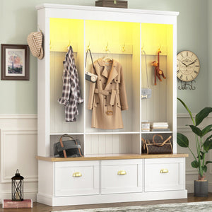 English Elm Farmhouse Hall Tree with Triple Arch Back Panel Eight Hooks Drawers and Entryway Bench White N721S000062K