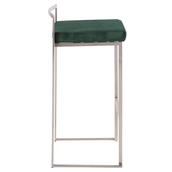 English Elm Fuji Stackable Barstool Set Of 2 In Stainless Steel With Luxurious Green Velvet Cushions For Modern Spaces B202P222171