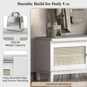 English Elm Trexm Bohemian Rattan Storage Bench Cushioned Seat Shoe Cabinet for Entryway Beige,White N715P308012K