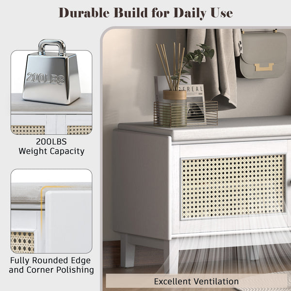 English Elm Trexm Bohemian Rattan Storage Bench Cushioned Seat Shoe Cabinet for Entryway Beige,White N715P308012K