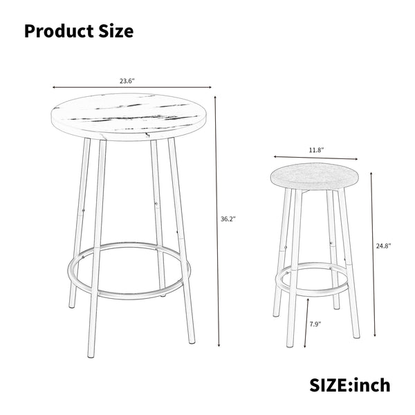 English Elm 3-Piece Bar Table Set with 2 Stools — Space-Saving 36" Round Breakfast Bar, Marble Look Top, Sturdy Frame White W578P357542
