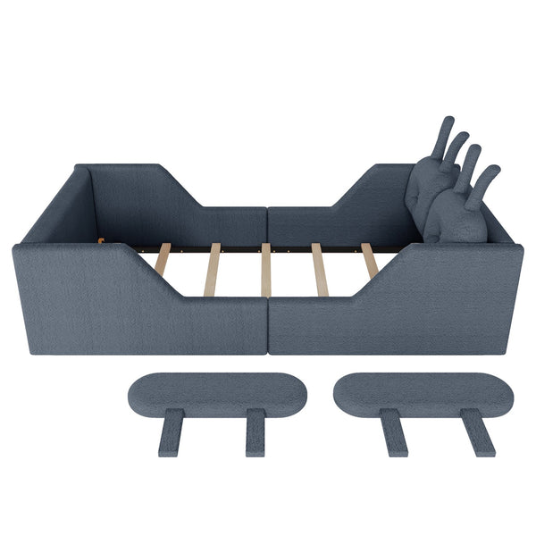 English Elm Twin Kids Platform Bed Teddy Fabric Upholstered with Bunny Cushions and Safety Rails Gray W2593P395809