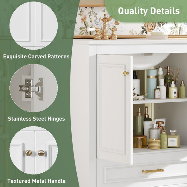 English Elm 30" Elegant Bathroom Vanity with Ceramic Sink, French-Inspired Compact Cabinet with Drawer & Shelf White N710P317676K