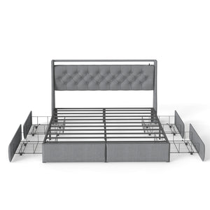 English Elm Queen Storage Platform Bed with Rgb Lighting Linen Headboard and Built-in Charging T3963P437321
