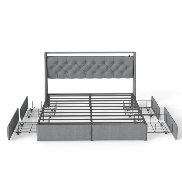 English Elm Queen Storage Platform Bed with Rgb Lighting Linen Headboard and Built-in Charging T3963P437321