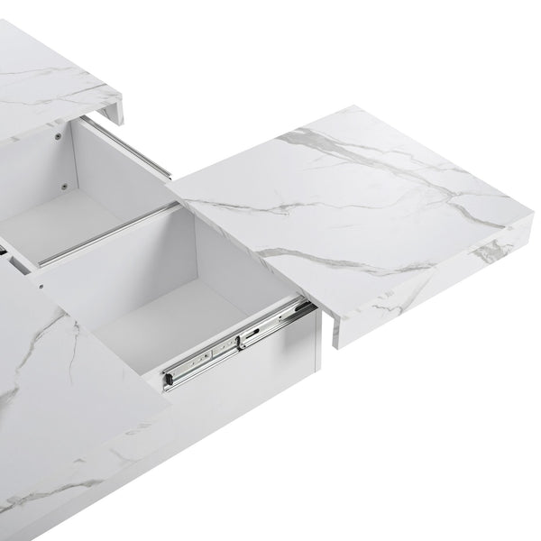 English Elm Square Marble Veneer Coffee Table with Sliding Top Hidden Storage Pedestal Base White N735P388120K