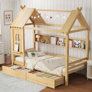English Elm Twin House Platform Bed with Drawers & Shelves, Solid Wood Playhouse Frame for Kids, Cozy Design Natural W1580S00266