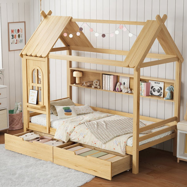 English Elm Twin House Platform Bed with Drawers & Shelves, Solid Wood Playhouse Frame for Kids, Cozy Design Natural W1580S00266