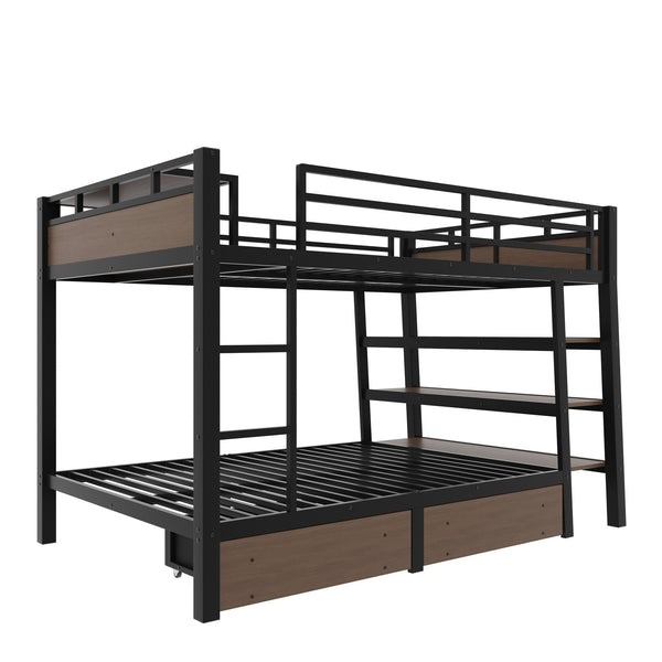 English Elm Full Size Metal Loft Bed with Stair Storage Shelves Bookshelf for Dorms Bedroom W1580S00347