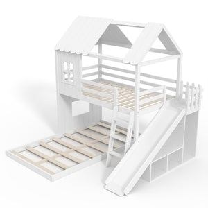 English Elm Twin Over Full Playhouse Bunk Bed with Slide Ladder Storage Shelves and Wardrobe Light White W5305S00039