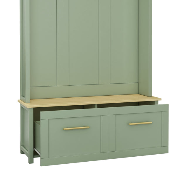 English Elm On-trend Entryway Hall Tree with Gold Hooks Bench Drawers and Shoe Cabinet Storage Mint Green N721S000056M-1