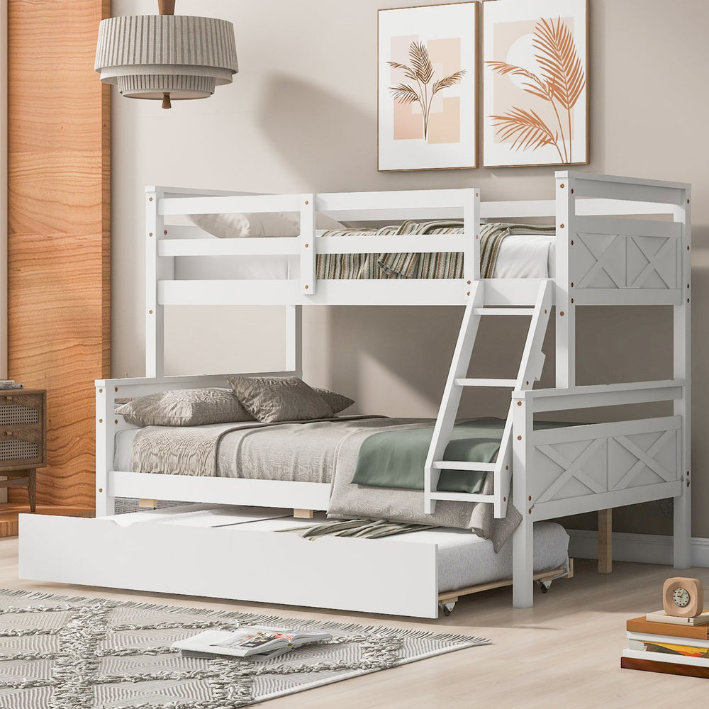 English Elm Twin Pine-over-Full Bunk Bed with Attached Ladder, Trundle & Full-Length Guardrail for Space-Saving Rooms White SM000208AAK-1