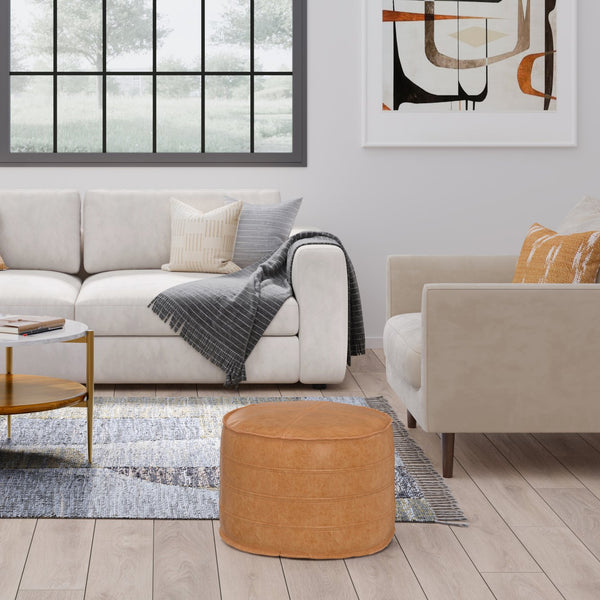 English Elm Brody 20" Round Pouf – Cozy Distressed Brown Vegan Leather Ottoman For Versatile Home Use B136P159283