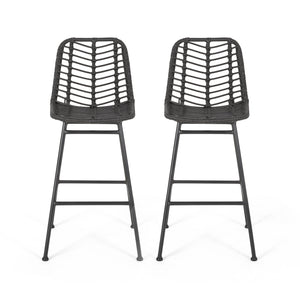 English Elm Christopher Knight Home® - Sawtelle Hand-Wrapped Faux Rattan Barstools Set of 2 — Metal Frame, Modern Minimal Outdoor Chic Grey 65481.00GRY
