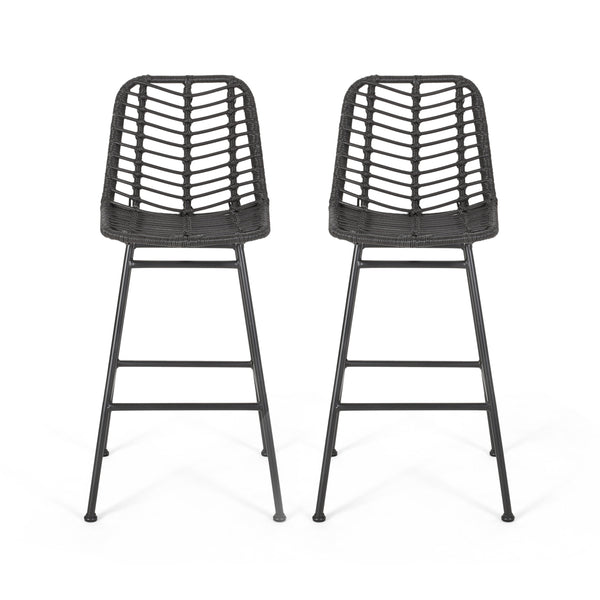 English Elm Christopher Knight Home® - Sawtelle Hand-Wrapped Faux Rattan Barstools Set of 2 — Metal Frame, Modern Minimal Outdoor Chic Grey 65481.00GRY