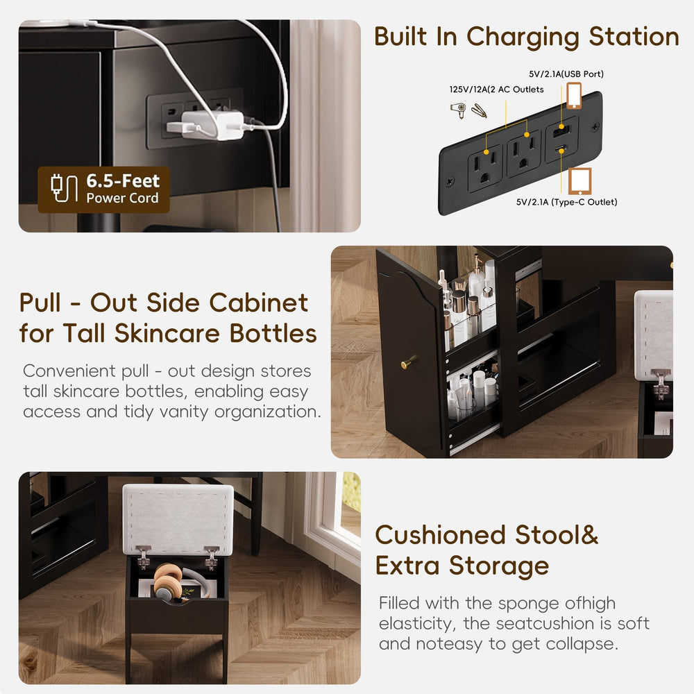 English Elm Corner Vanity Desk Set with Stool Charging Station Glass Top Pull-Out Cabinet Jewelry Organizer Black 35.82 L x 32 W x 8 H N733P336237B