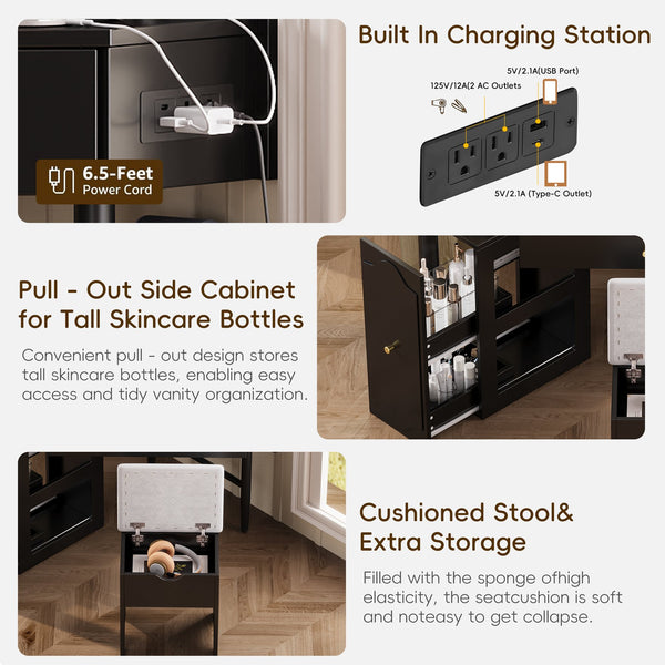 English Elm Corner Vanity Desk Set with Stool Charging Station Glass Top Pull-Out Cabinet Jewelry Organizer Black 35.82 L x 32 W x 8 H N733P336237B