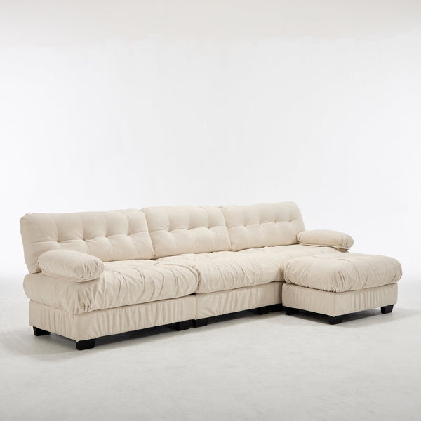English Elm Modular Cloud Sectional Sofa Flannelette Deep Seat L Shape with Movable Ottoman Beige W2120S00037
