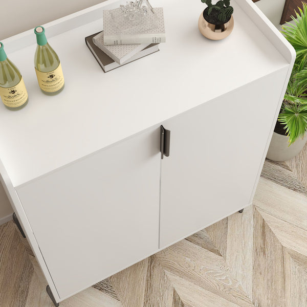 English Elm 2 Door Wine Bar Cabinet with 12-Bottle Rack, Soft-Close Hinges, Adjustable Shelf & Elevated Metal Legs White W2899P372844