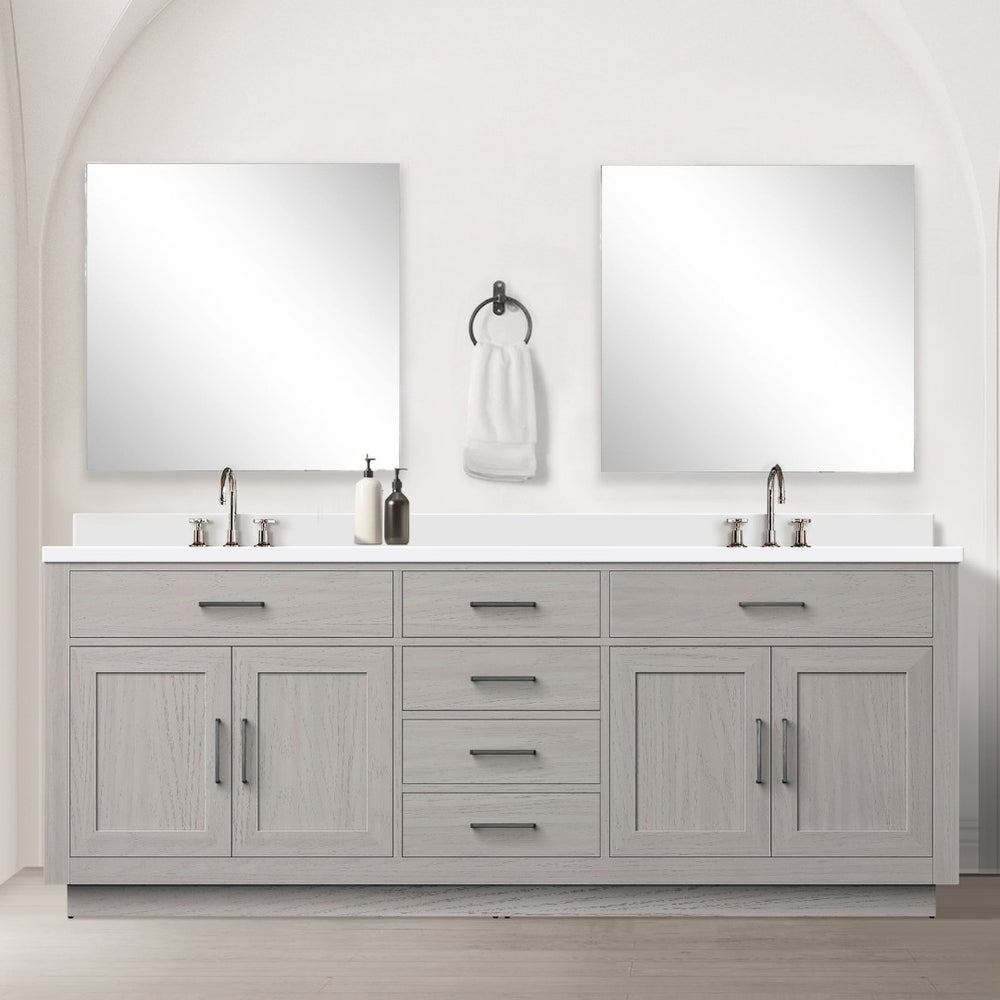 English Elm White Oak Double Bath Vanity 84" W X 22" D With White Quartz Top & Chrome Faucet Set For Luxury Bathrooms B2731P257884-GIGA