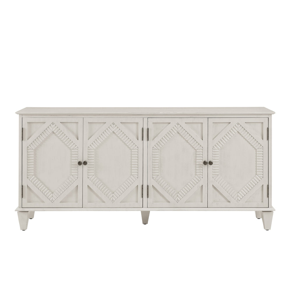 English Elm 65.2" Mid Century Sideboard Buffet with Fluted Geometric Doors, Spacious Adjustable Shelves & Brass Accents Antique White W1801P346230