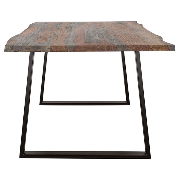 English Elm Wobegon Grey Sheesham Rectangular Dining Table with Live-Edge Wood Top and Metal Angled Sled Legs for Rustic Modern Kitchens and Dining Rooms B062P375995