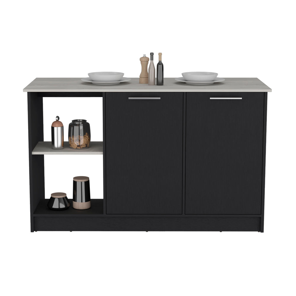 English Elm Kitchen Island With Spacious Countertop, Open Shelves & Double Door Storage - Modern Black/Onyx Design B097S00184