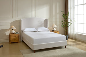 English Elm Hannah Tall 54" Upholstered Wingback Queen Bed with Textured Ivory Chenille, Walnut Feet, No Box Spring Needed B083P227902