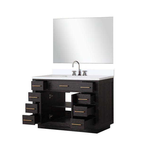 English Elm Black Oak Single Bath Vanity 48 in. W x 22 in. D with White Quartz Top, Chrome Faucet & 46 in. Mirror B2731S02212