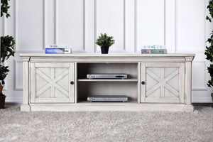 English Elm Antique Rustic Farmhouse TV Console 72"W with Sliding X-Panel Doors, Metal Accents & Open Shelves Antique White 63 L x 26 W x 10 H B2741P361967