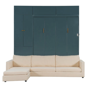 English Elm Queen Murphy Bed with L-shaped Velvet Sofa Storage Cabinets for Studio Living Green LP000765AAA-1