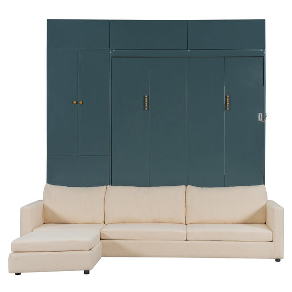 English Elm Queen Murphy Bed with L-shaped Velvet Sofa Storage Cabinets for Studio Living Green LP000765AAA-1
