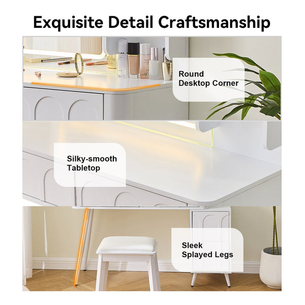 English Elm Modern Makeup Vanity Desk with Slide-Out Cabinet, LED Mirror, 4 Soft-Close Drawers & Cushioned Stool White N844P257529A