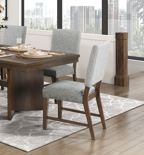 English Elm Walnut Veneer Six Piece Dining Set with Extension Leaf Trestle Table and Upholstered Chairs B011S01381